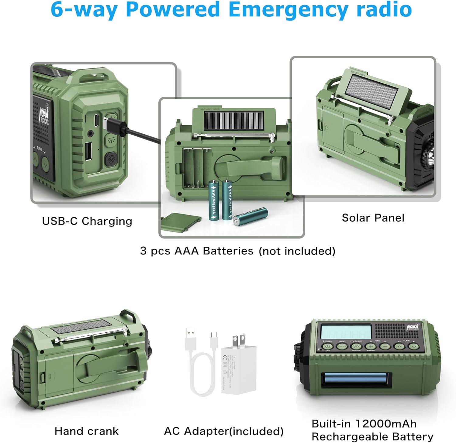 Radio de Emergencia  NOAA 4 000 mAh Solar y Manivela