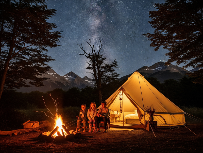 familia acampando en carpa glamping en la Patagonia chilena bajo un cielo estrellado